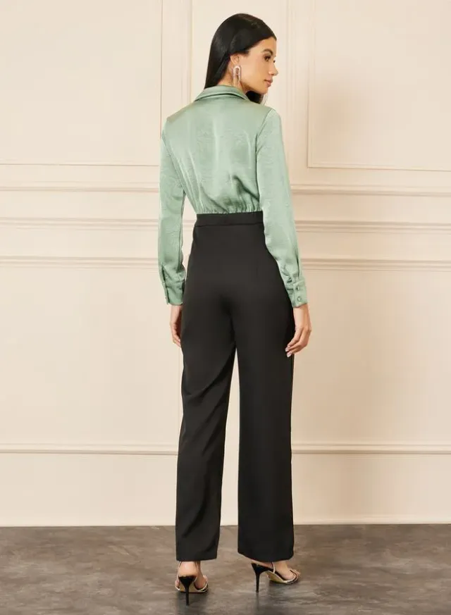 Green Satin V-Neck Collared Pintuck Straight-Leg Jumpsuit – image 4