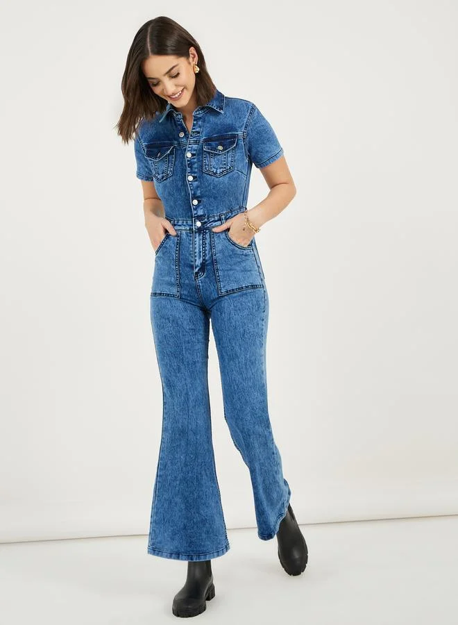 Button-Front Flared Denim Jumpsuit