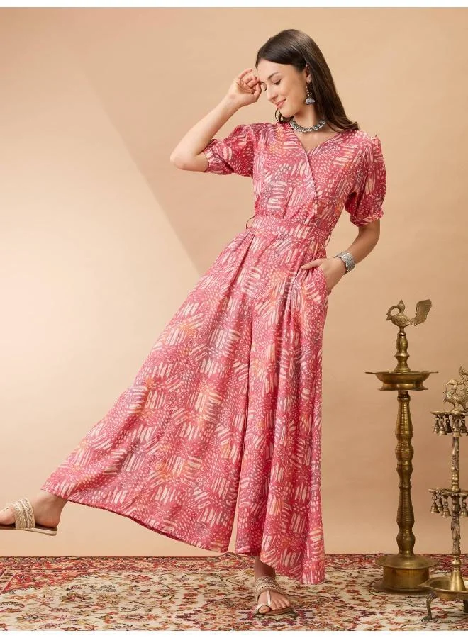 Women Abstract Printed Wrap V-Neck Puff Sleeve Jumpsuit Pink