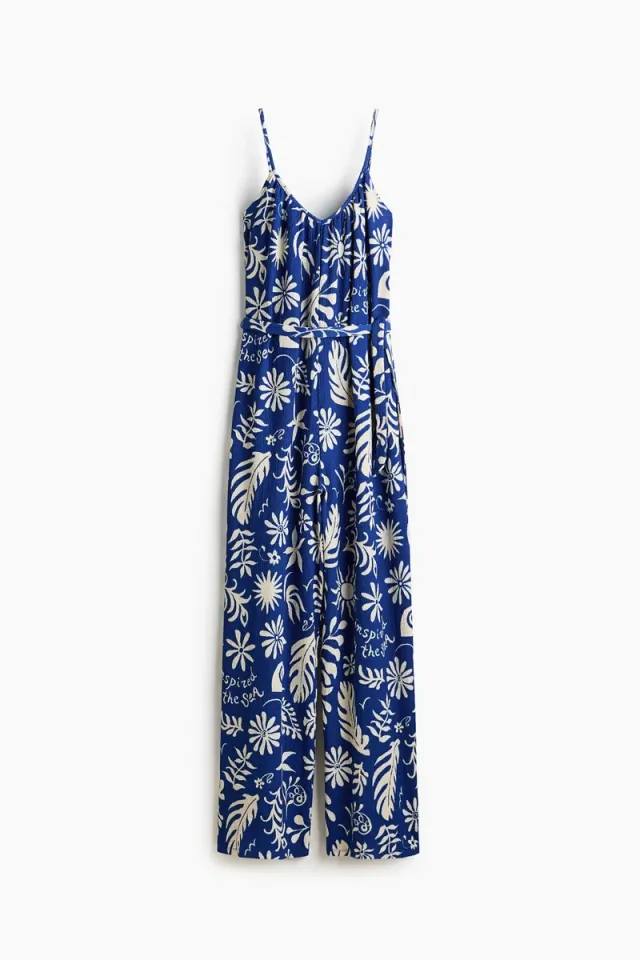Blue Bright Textured V-Neck Sleeveless Tie-Belt Jumpsuit for Women – image 5