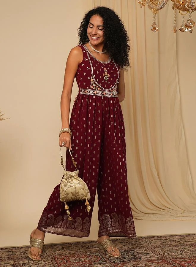 Embroidered Foil Print Pleated Jumpsuit with Belt