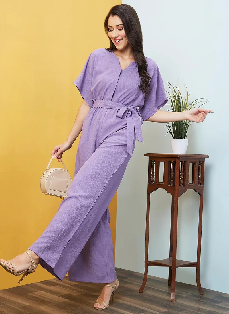 Women's Casual Self-Design Kimono Sleeve Belted Jumpsuit Pink