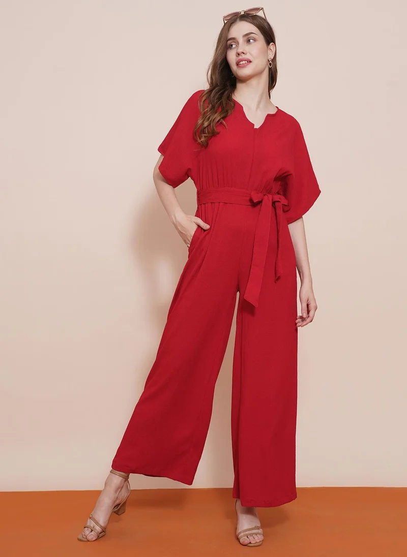 Women's Casual Self-Design Kimono Sleeve Belted Jumpsuit Pink