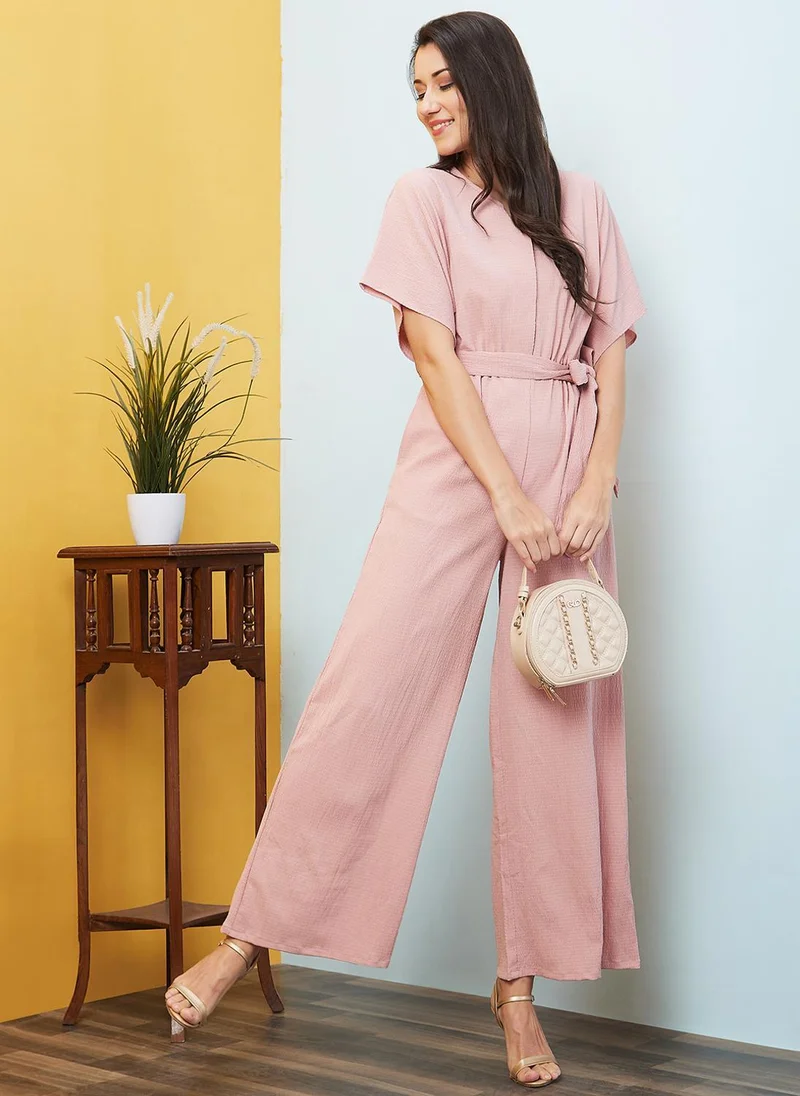 Women's Casual Self-Design Kimono Sleeve Belted Jumpsuit Pink