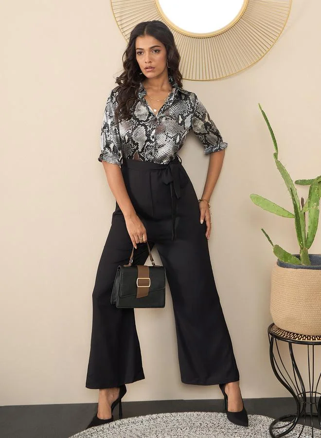 Satin Snake Print Buttoned Jumpsuit