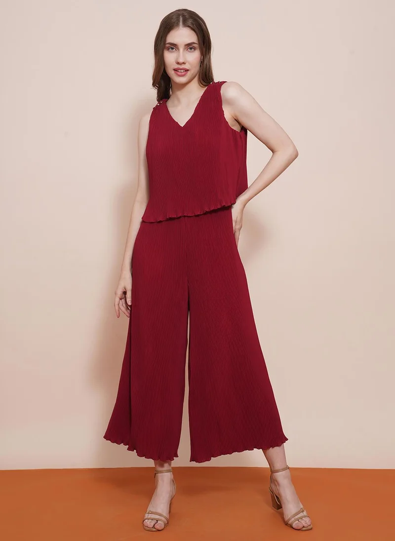 Women's V-Neck Pleated Wide Leg Party Jumpsuit Maroon
