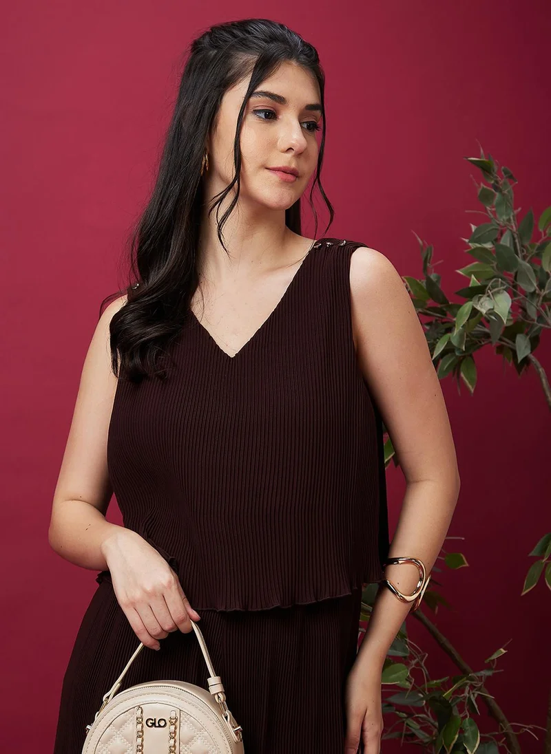 Women's V-Neck Pleated Wide Leg Party Jumpsuit Maroon