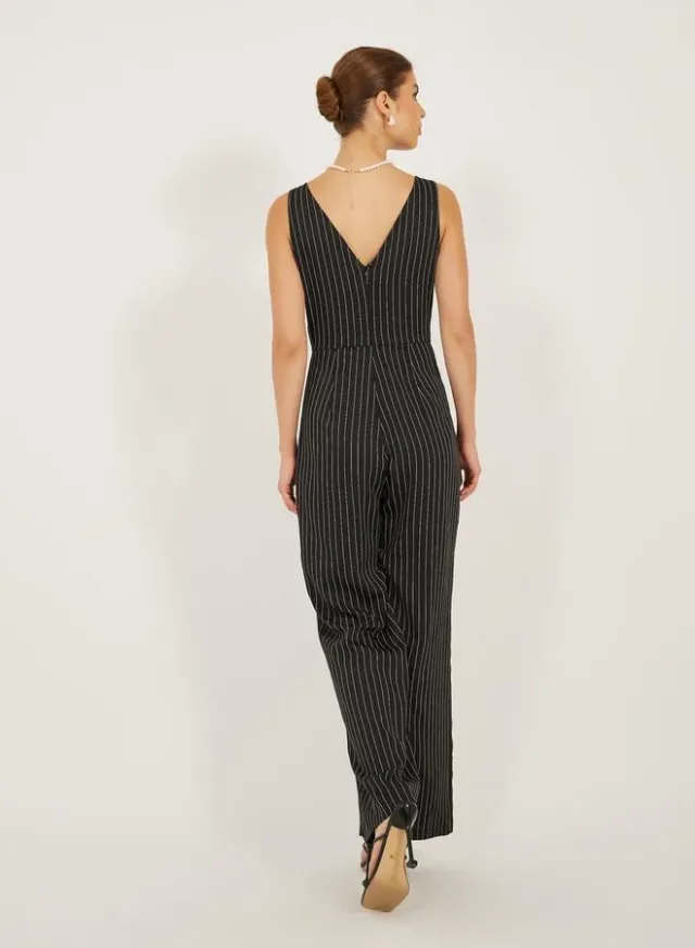 Black Striped V-Neck Sleeveless Wide-Leg Jumpsuit – image 5