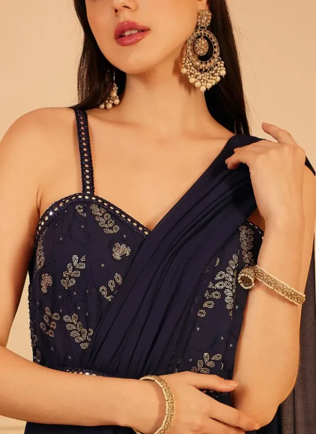 Navy Blue One-Shoulder Self-Design Women's Jumpsuit – image 2