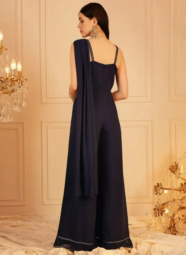 Navy Blue One-Shoulder Self-Design Women's Jumpsuit – image 4