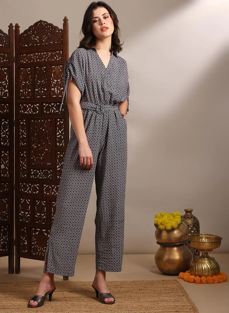 Women's Geometric Print Collared Belted Jumpsuit, Black