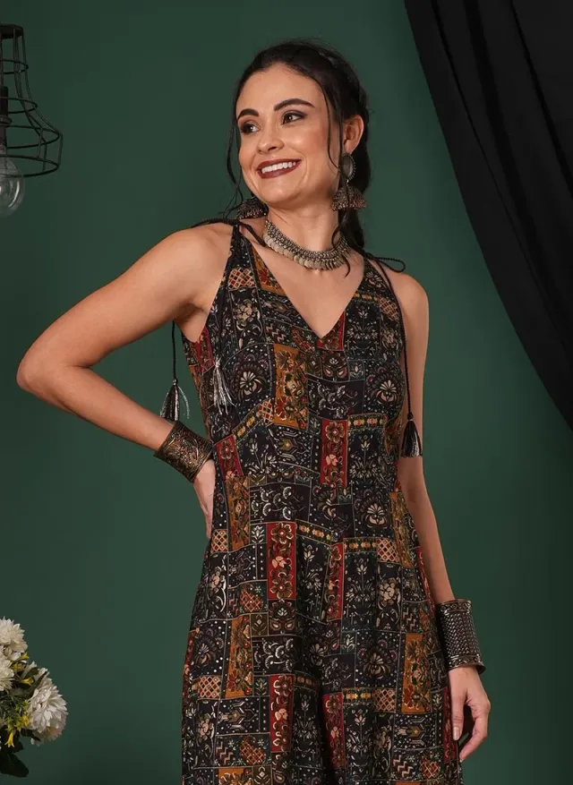 Women's Ethnic Floral Print Jumpsuit with V-Neck and Tassel Tie-Up Straps – image 6
