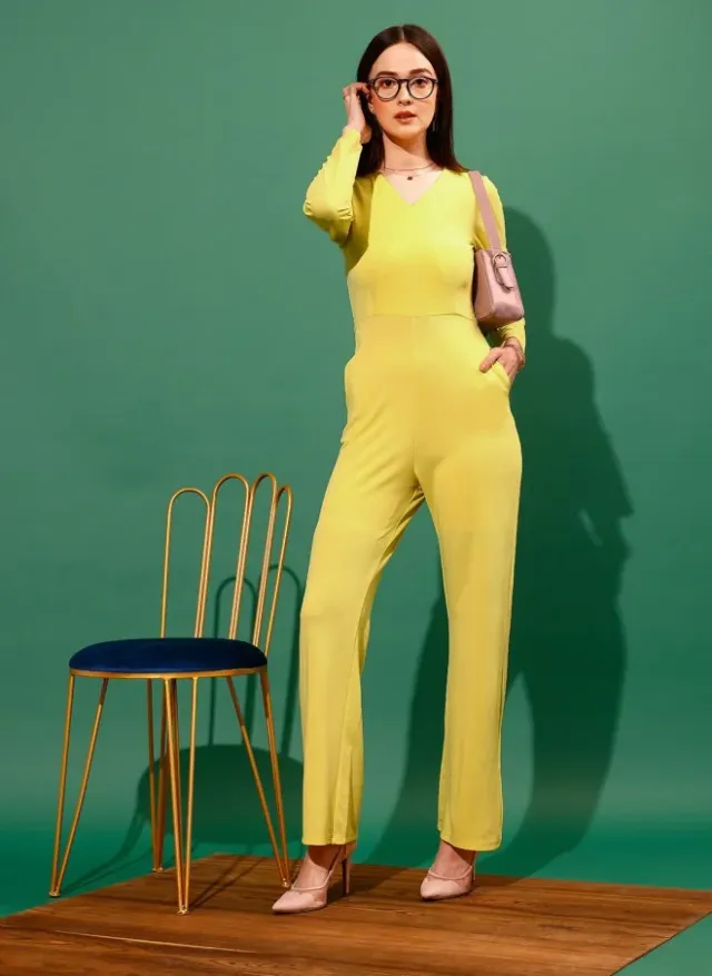 Yellow V-Neck Long-Sleeve Solid Jumpsuit for Women – image 5