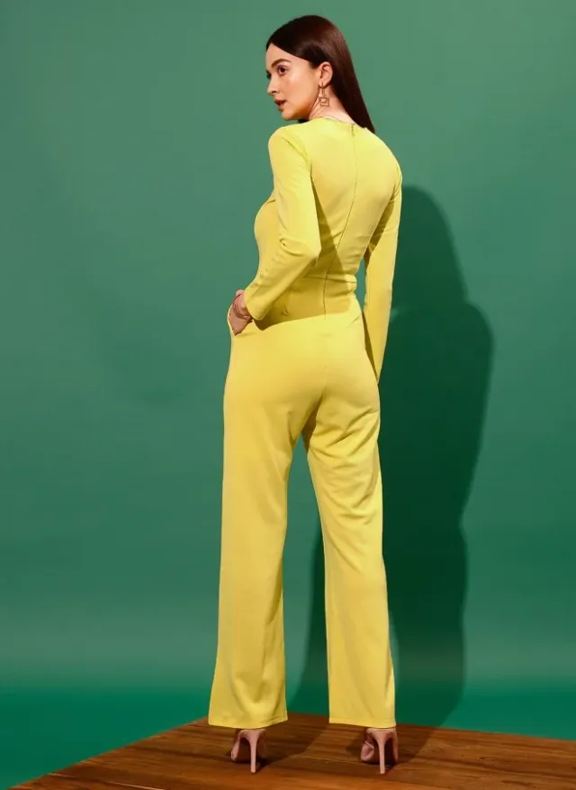 Yellow V-Neck Long-Sleeve Solid Jumpsuit for Women – image 4