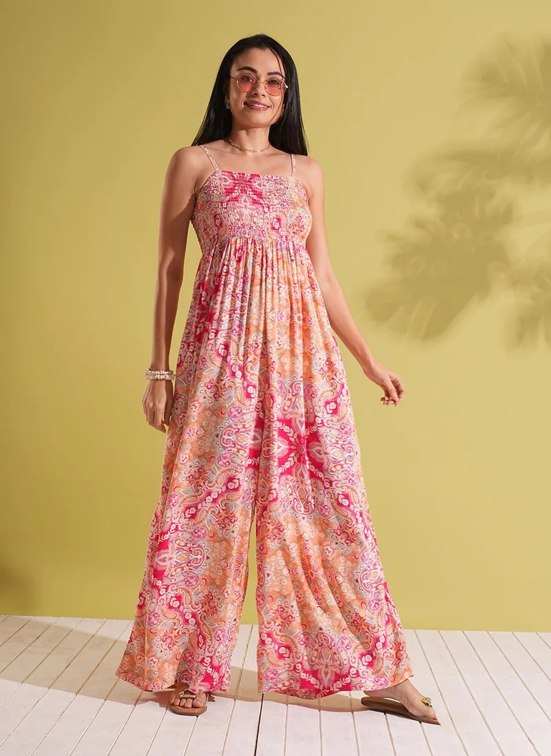 Women Tropical Print Smocked Jumpsuit