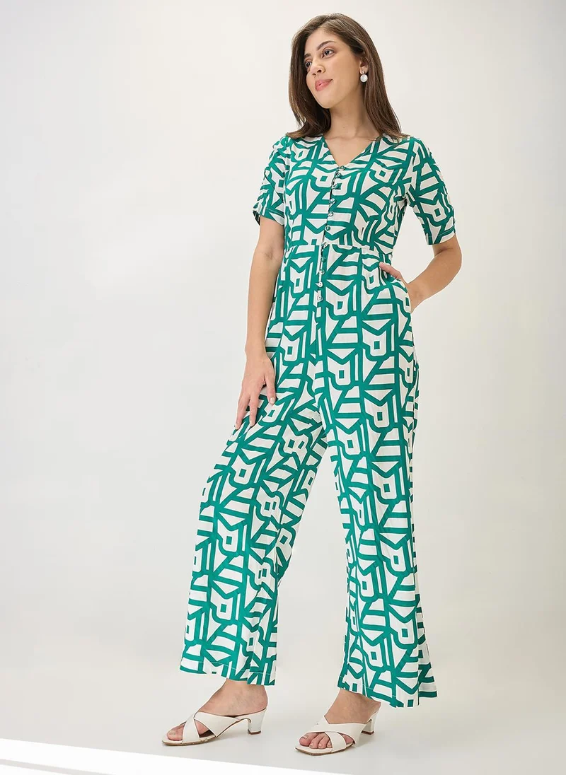 Globus Women's Floral Print V-Neck Ruched Sleeve Longline Jumpsuit