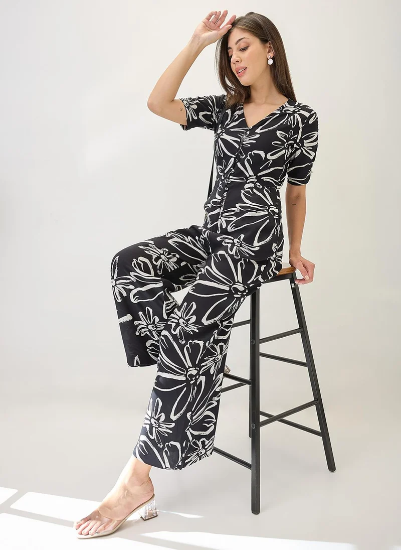 Globus Women's Floral Print V-Neck Ruched Sleeve Longline Jumpsuit