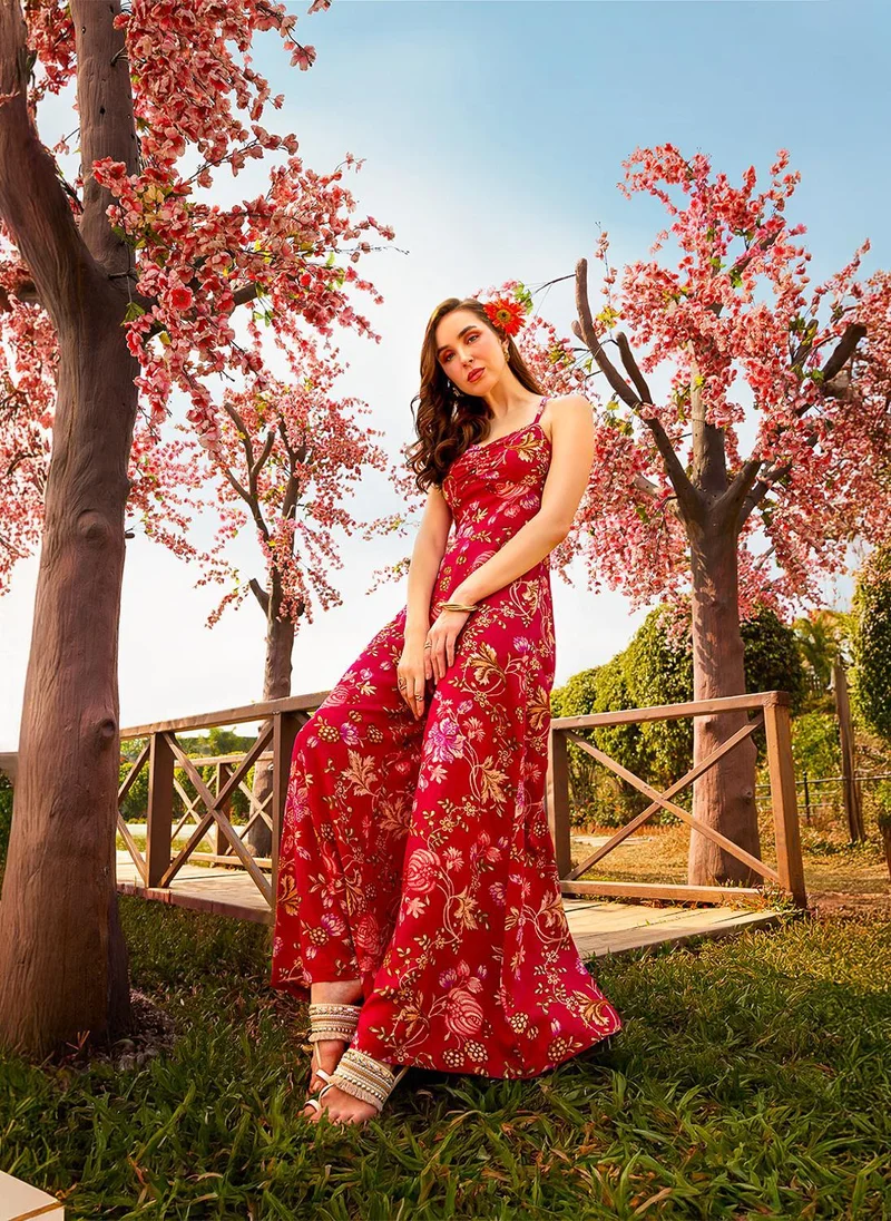 Women's Strappy Sweetheart Neck Floral Ruched Jumpsuit