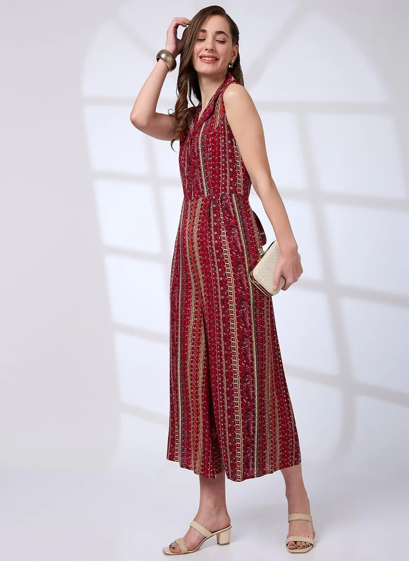 Women's Floral Lapel Tie-Waist Jumpsuit