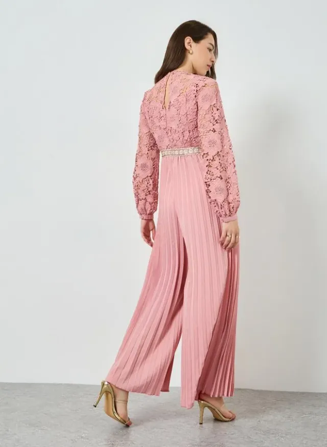 Pink Lace Pleated Wide Leg Jumpsuit for Women – image 5