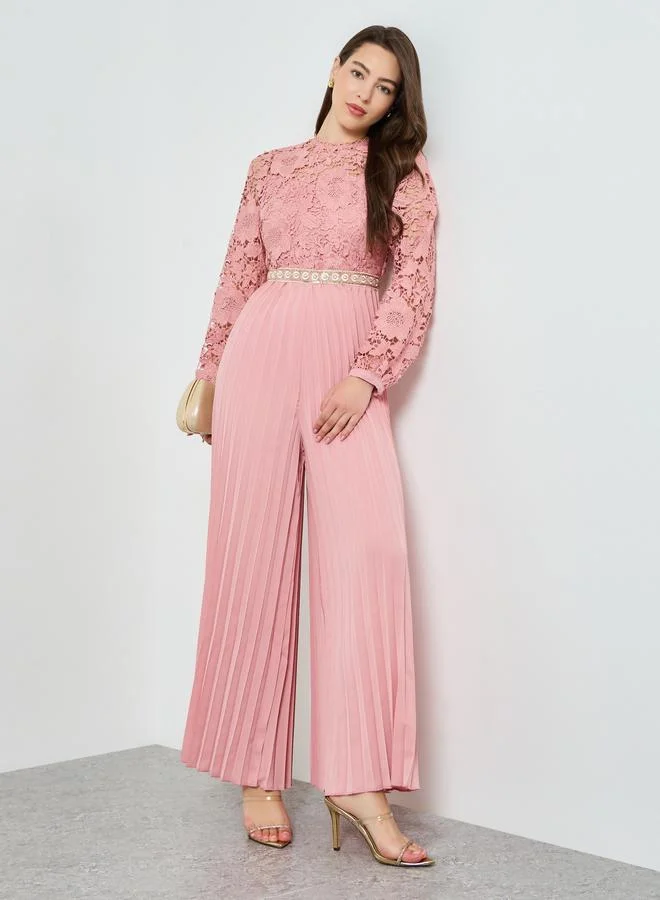 Lace Pleated Wide Leg Jumpsuit Pink