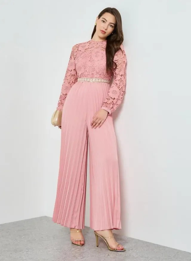 Lace Pleated Wide Leg Jumpsuit Pink