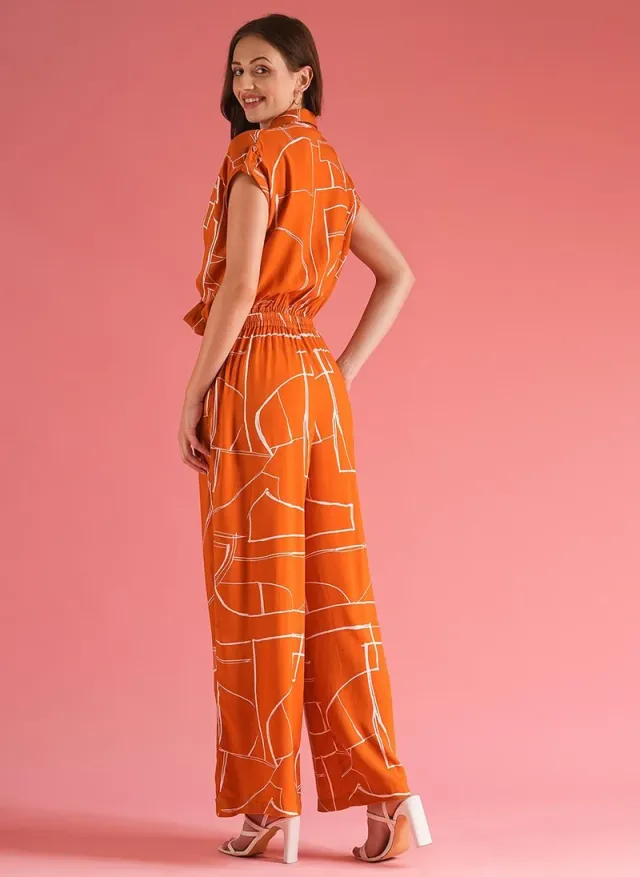 Women's Tropical Print Flowy Jumpsuit with Shirt Collar and Tie Waist – image 4