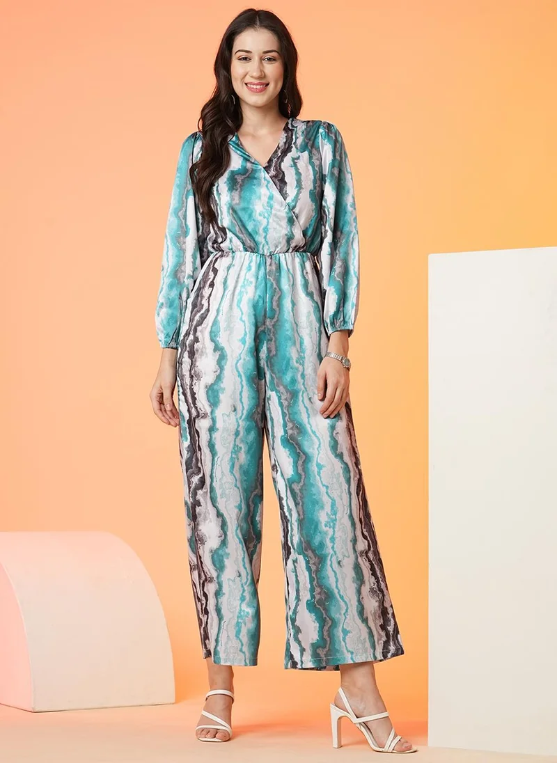 Women's Printed V-Neck Jumpsuit Blue