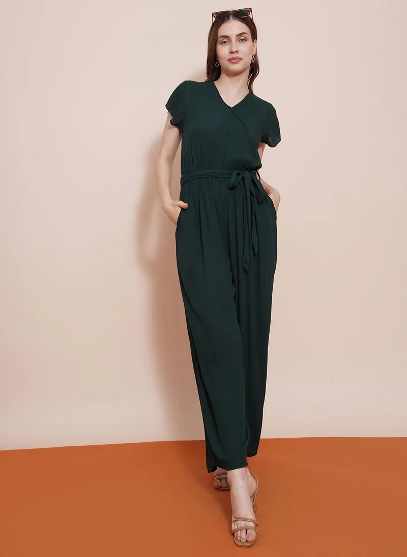 Women's V-Neck Belted Tie-Waist Jumpsuit Black