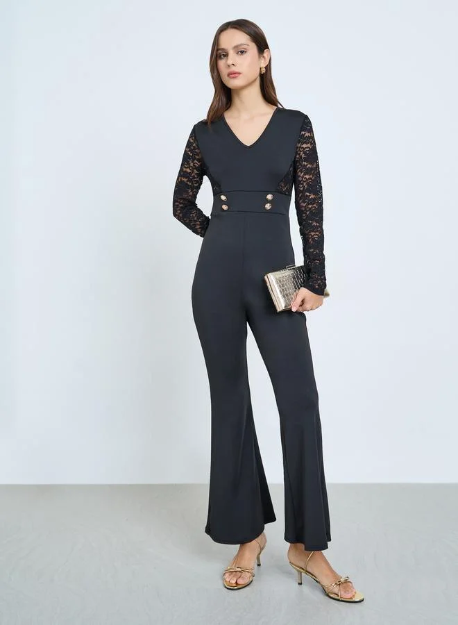 Lace Sleeve Flared Jumpsuit Black