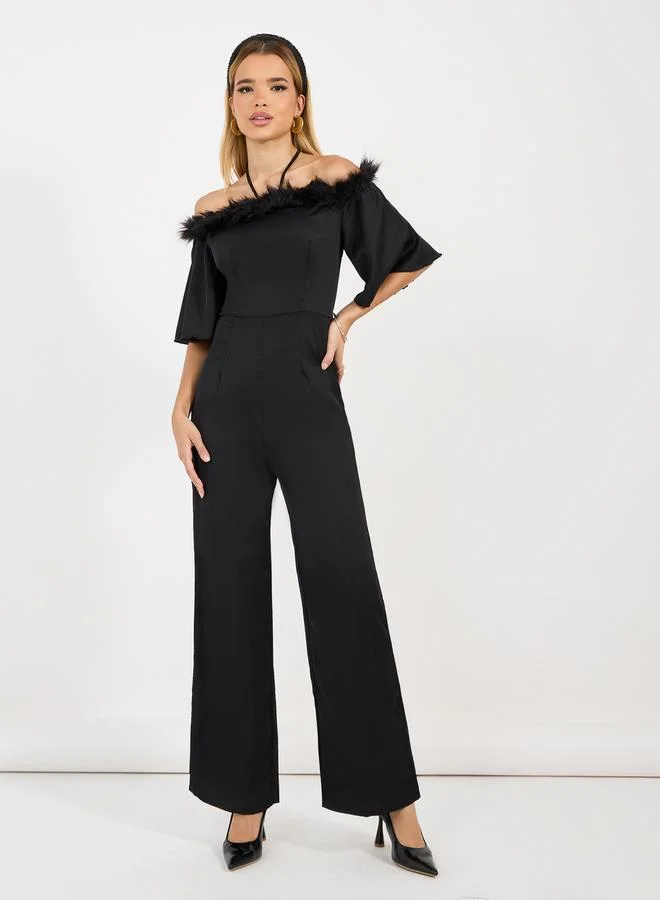Faux Feather Trim Wide Leg Jumpsuit