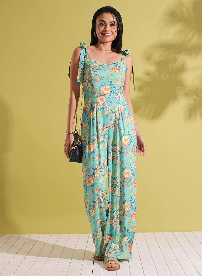 Women's Floral Ruffle Sweetheart Neck Tie-Strap Jumpsuit