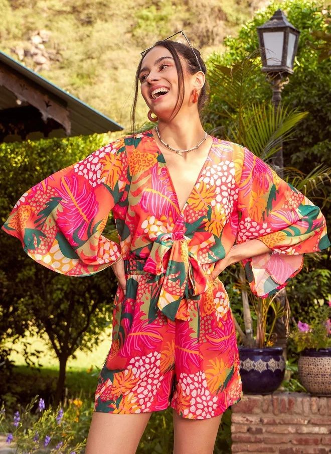 Floral Printed Front Tie Knot Playsuit