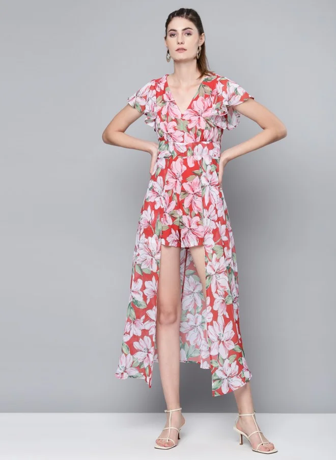 Floral Layered Playsuit Coral Red