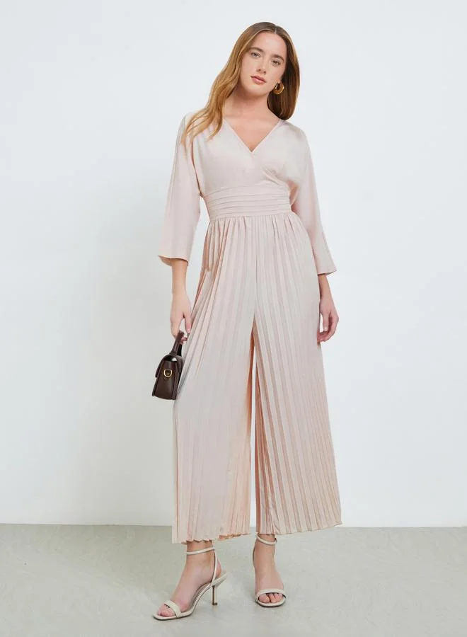 Wide Leg Pleated Jumpsuit Beige