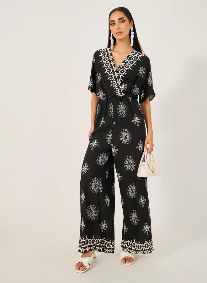 Printed V Neck Short Sleeve Jumpsuit