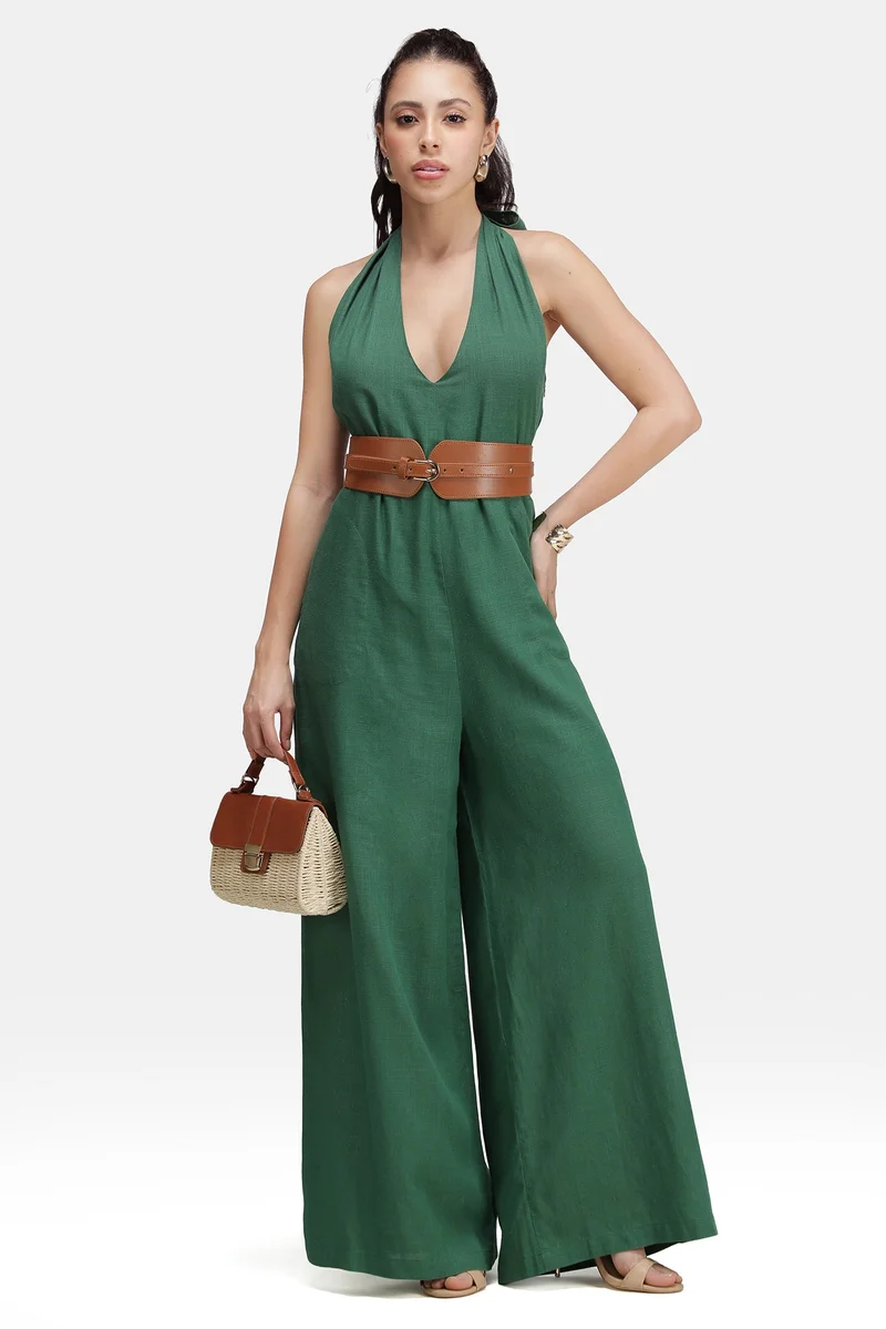 Linen Backless Halter Jumpsuit