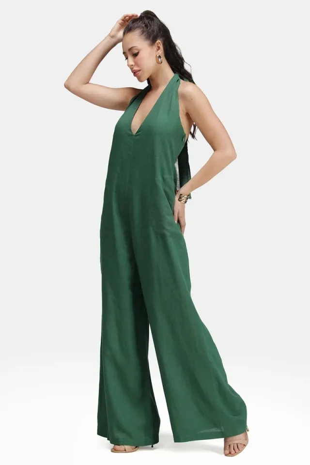 Green Linen Halter Backless Jumpsuit for Women – image 4