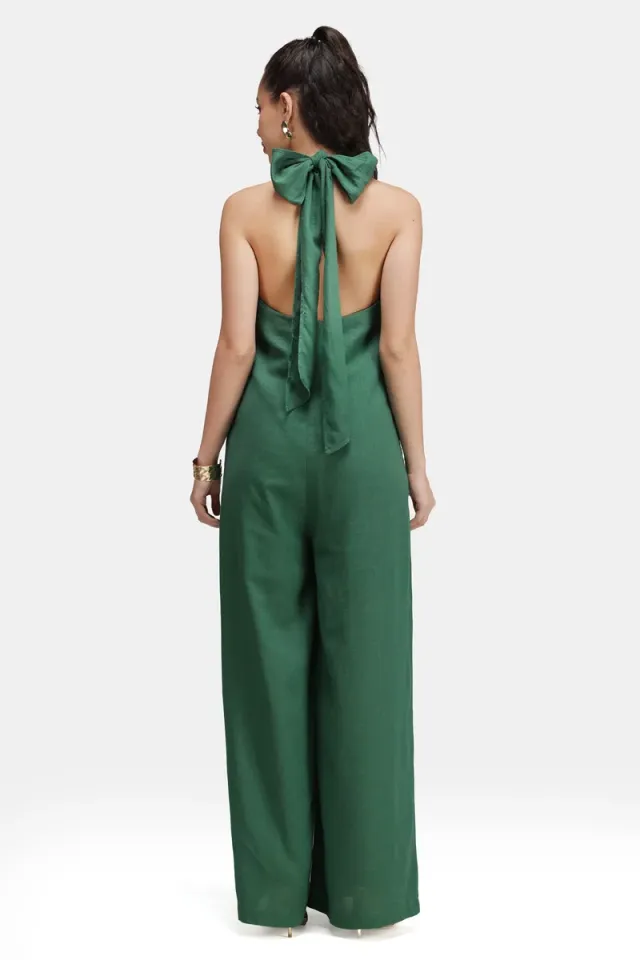 Green Linen Halter Backless Jumpsuit for Women – image 5