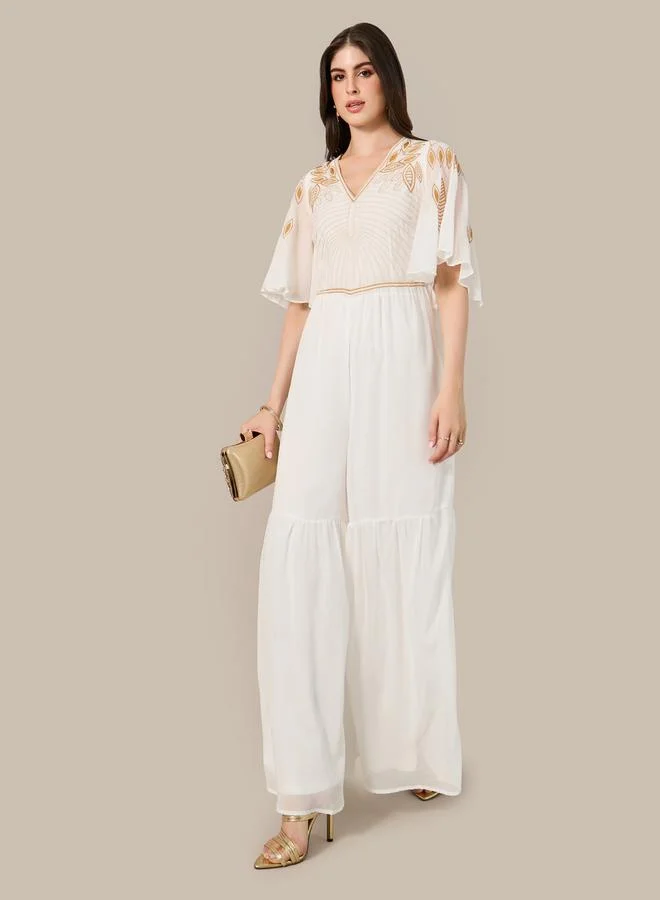 Embroidered Angel Sleeve Wide Leg Jumpsuit