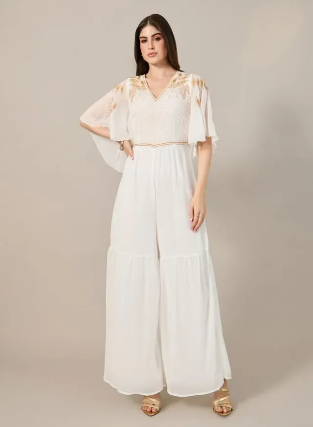 Styli Women's White Embroidered V-Neck Angel Sleeve Wide Leg Jumpsuit – image 2