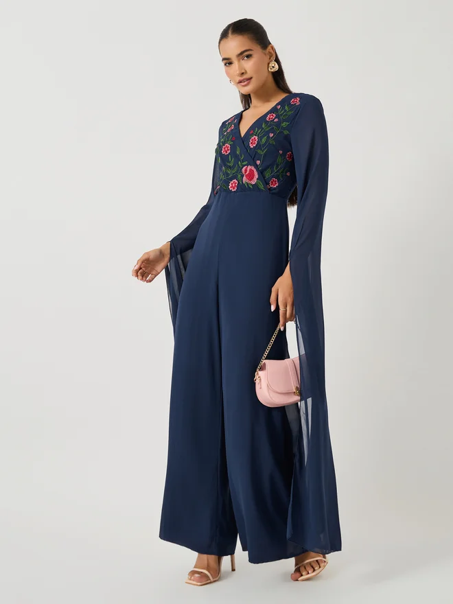 Cape Sleeve Embroidered Wide Leg Jumpsuit