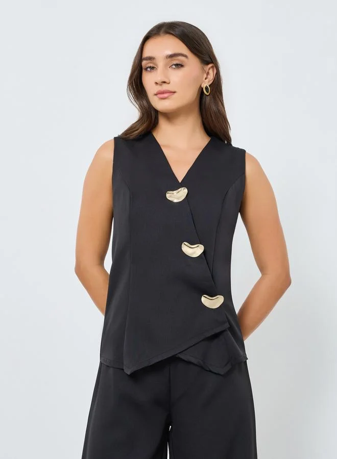Women Sleeveless Asymmetric Fancy Button Jumpsuit