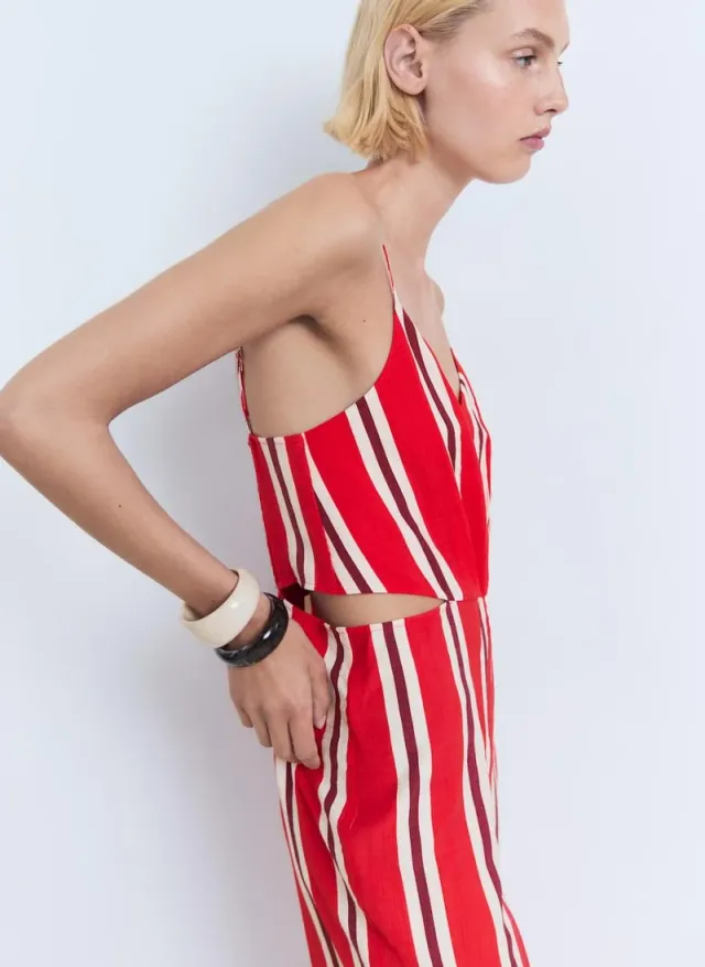 Red Striped V-Neck Sleeveless Jumpsuit with Side Cut-Outs – image 5