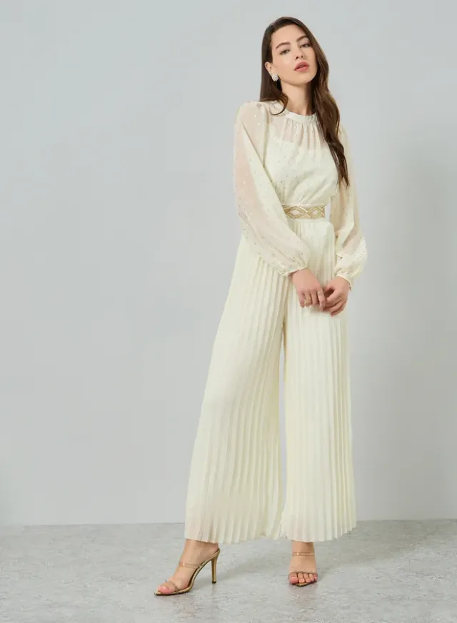 Cream Wide Leg Jumpsuit with Lurex Detail and Bishop Sleeves – image 3