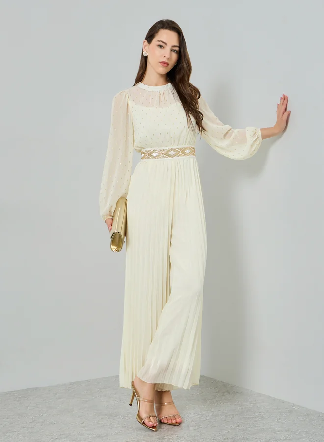 Wide Leg Pleated Lurex Jumpsuit, Cream