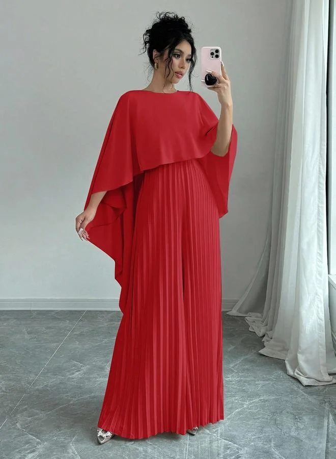 Pleated Cape Sleeve Maxi Dress Red