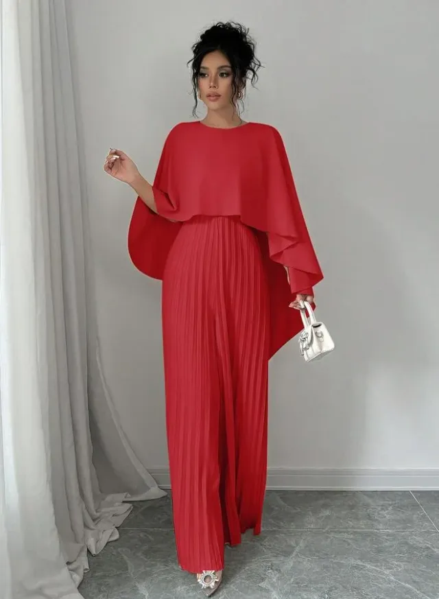 Pleated Cape Sleeve Maxi Dress Red – image 4