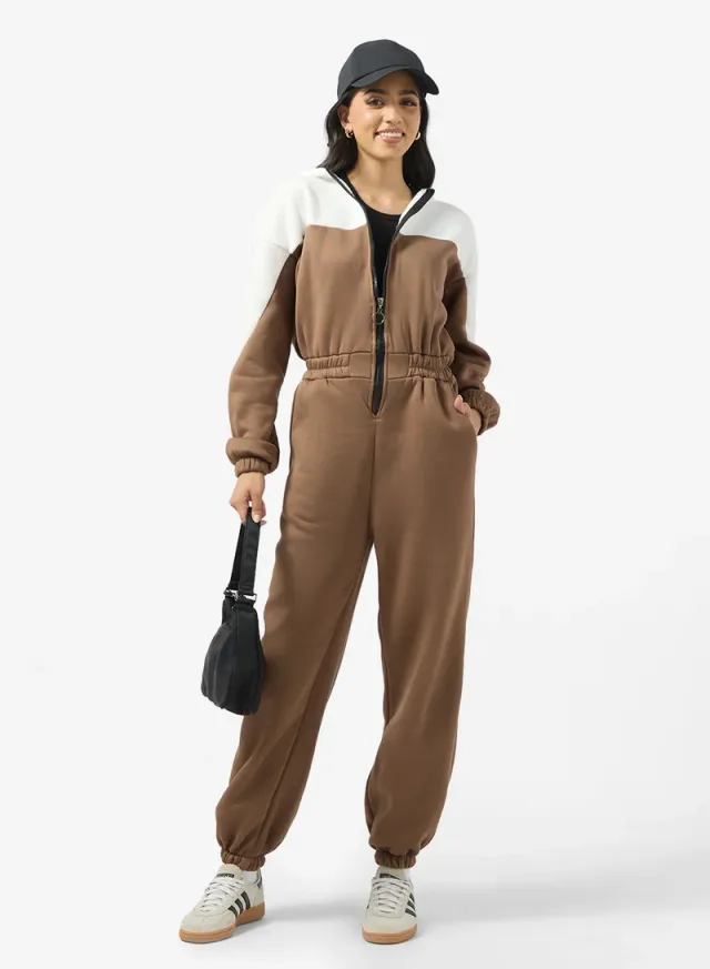 Brown Colorblock Hooded Fleece Zip-Up Onesie for Women – image 4