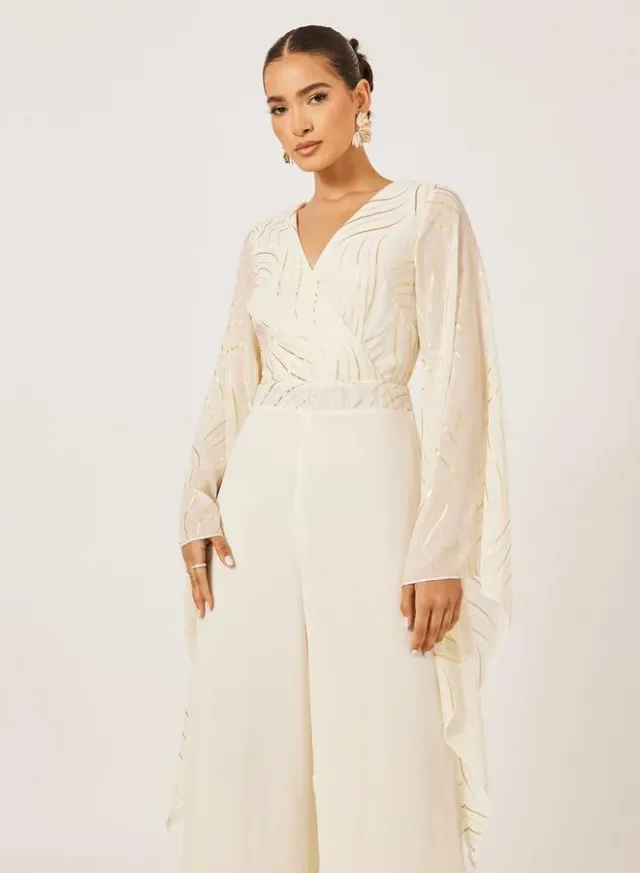 Cream Foil Print V-Neck Wide Leg Jumpsuit for Women – image 3